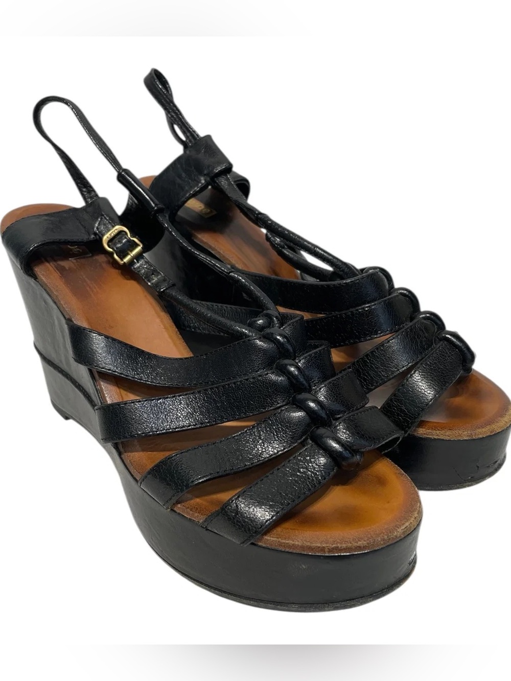 Chloe Black Leather Strappy Platform Wedge Sandals
